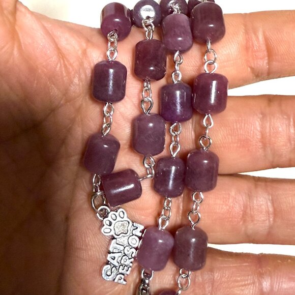 Genuine Magenta Chalcedony Short Necklace, Gemstone & Cat Person Paw Print Charm - Picture 14 of 14